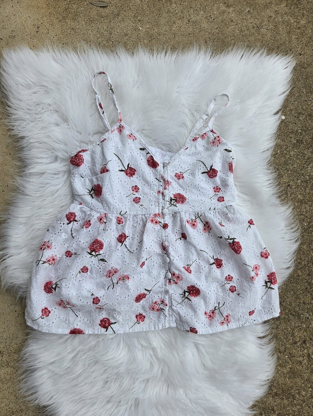 Japna - White Eyelet Babydoll Floral Spaghetti Strap Tank Top - Size Small